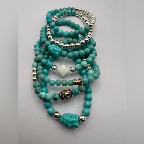 Turquoise Blue & Silver Buddha Bracelet Set -Stacked Bracelet Bead Bracelet Set - Picture 5 of 16